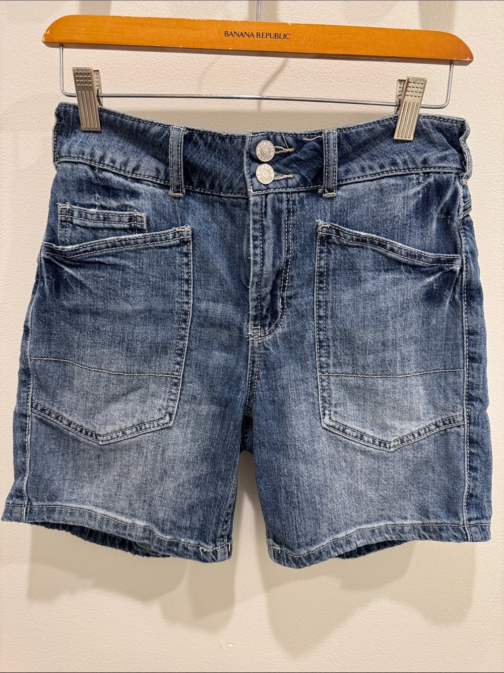Pilcro Washed Blue Denim Patch Pocket Shorts